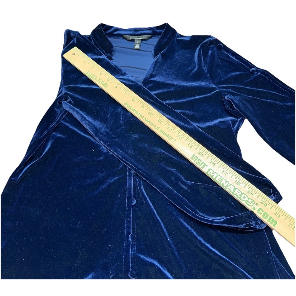 WHBM Long Sleeve Navy Blue Velvet V-Neck Blouse Buttons Split Sleeve Women's S - Picture 8 of 9